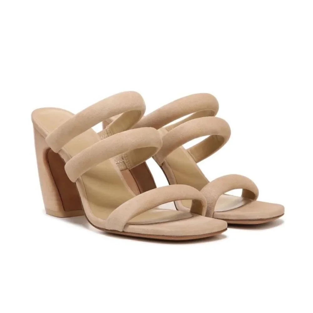 Vince Womens Tan Suede Strappy Open Toe Slip On Block Heel Sandals Sz 8.5 M New